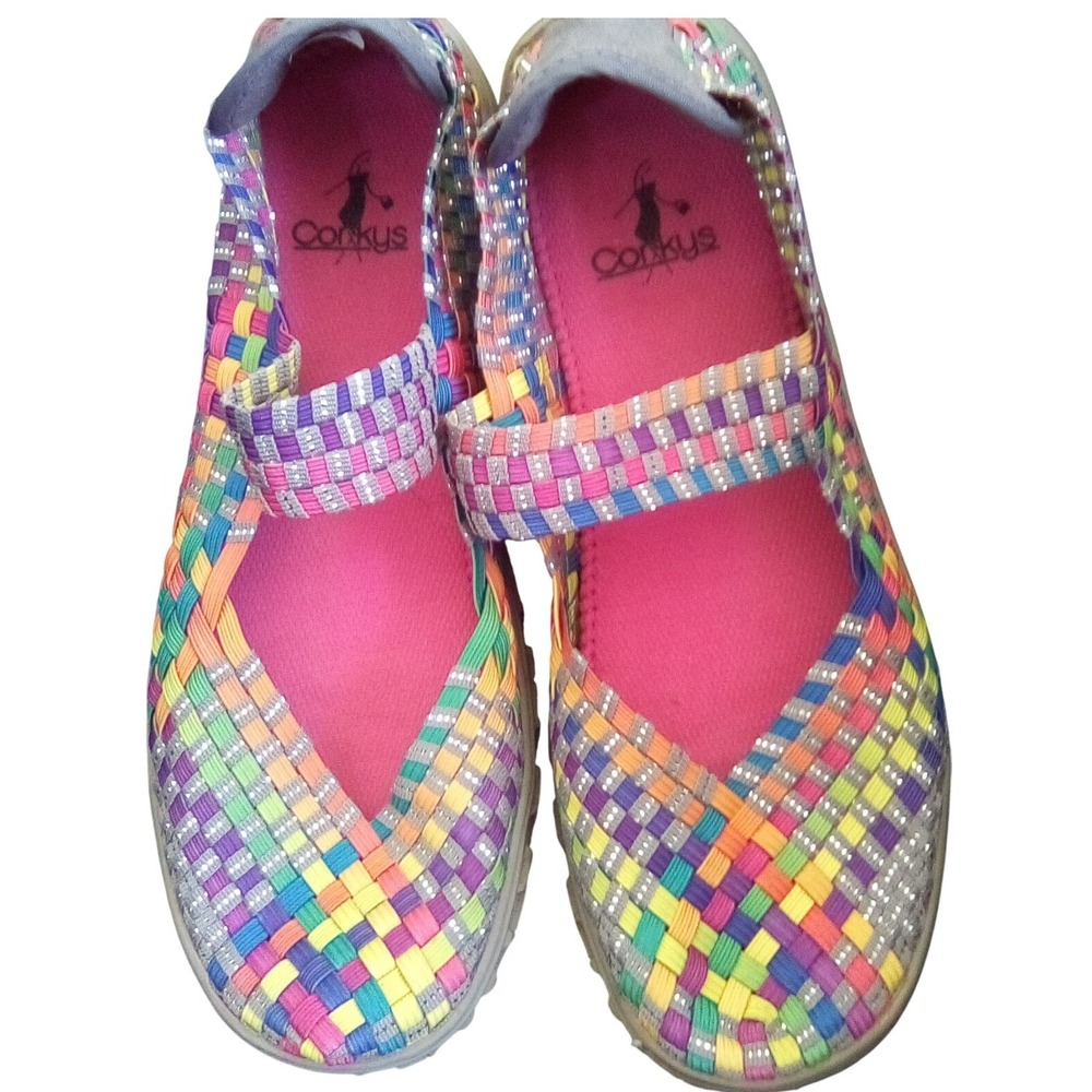 Corkys Rainbow Woven Mary Jane Flats Multi Color Elastic Stretch Walking Shoes 7